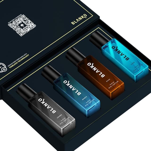 BLANKO Powerful Men Perfume Collection (4x20ml) | Longest Lasting Mens Dawn Scented Liquid Perfume With Time Lock Technology | Luxury Fragrance Gift Set For Husband, Father, Brother