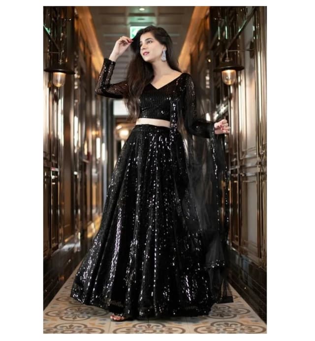 Awafu Embroidered Semi Stitched Lehenga Choli ( Black )