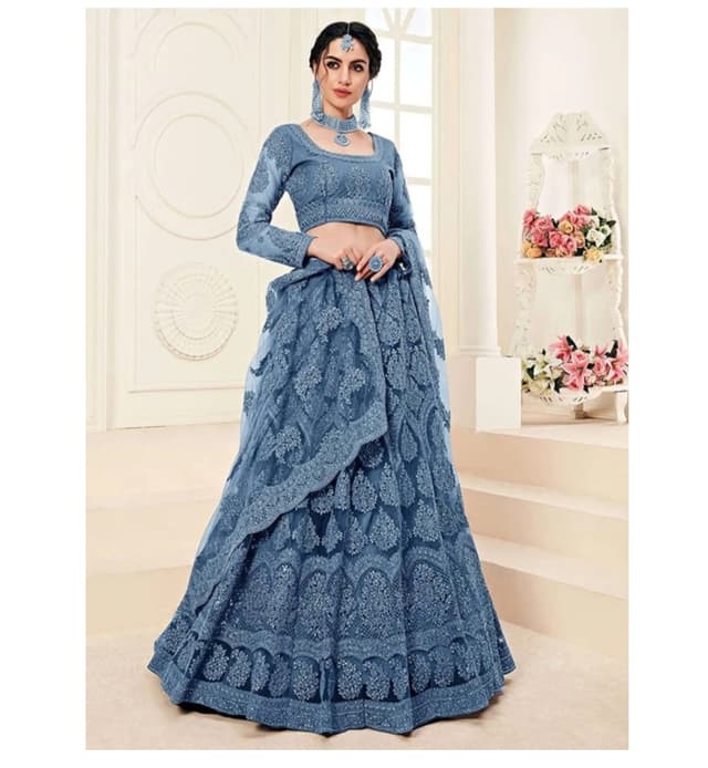 Awafu Embroidered Semi Stitched Lehenga Choli ( Light Blue )