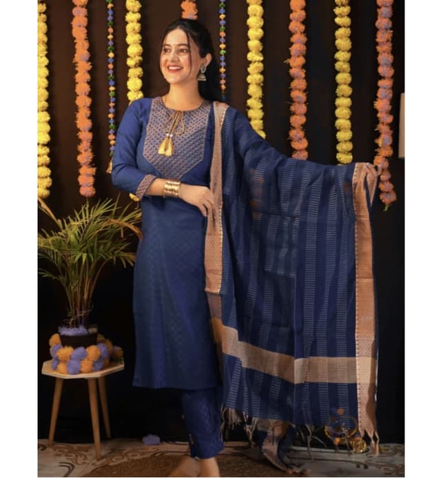 Awafu Readymade Women Wool Cotton Kurti Pant Dupatta Set , Kurta Salwar