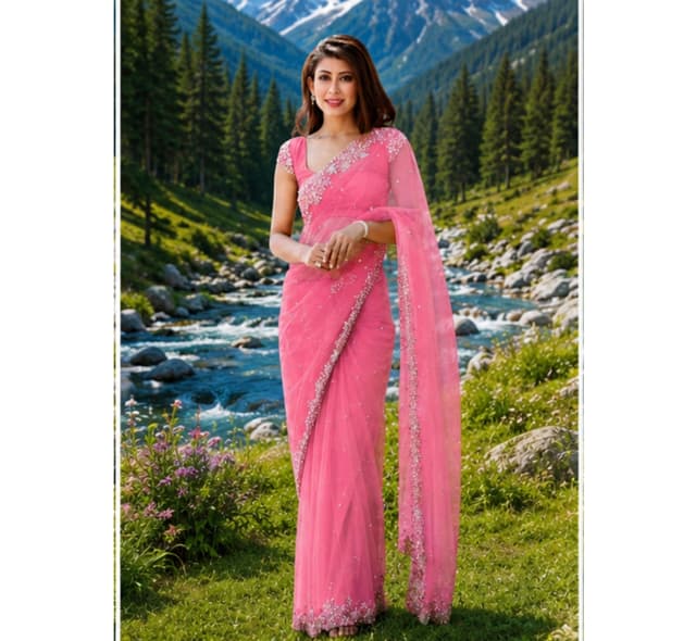 Embroidered Net Saree with Unstitched Blouse