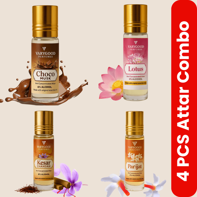 VaryGood Premium Attar Roll-On Combo (4x8ml) – Parijat, Lotus, Kesar Chandan & Choco Musk | Alcohol-Free Signature Fragrances for Men & Women