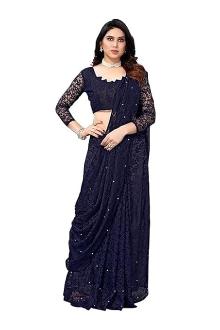 Awafu Women's Solid Net Saree with Pearl and Lace Work | Unstitched Blouse Piece Included | Elegant Rasel Net Fabric | Lightweight Saree for Festive | 5.40M Saree + 0.70M Blouse Fabric