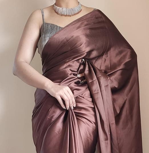 Awafu Women's Ready to Wear Coffee Satin Silk 1 Minute Pre Pleated Indian Saree With Unstiched Blouse