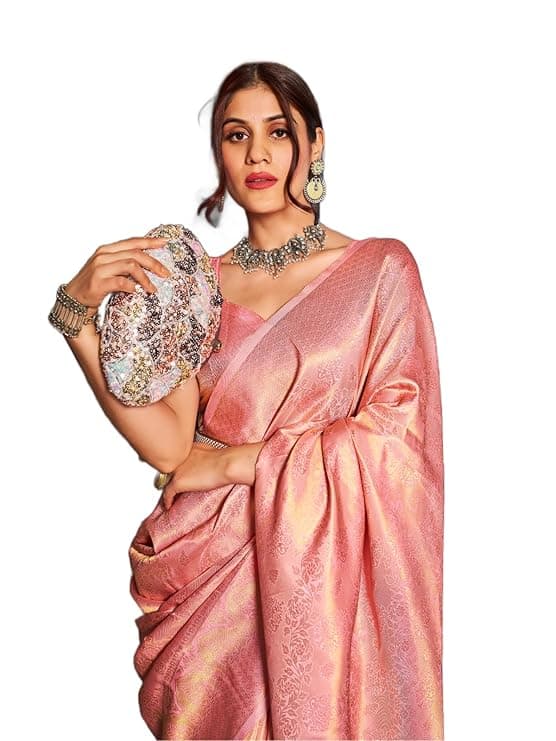 Womens Kanjivaram Silk Saree with Zari Woven Saree With Blouse Piece