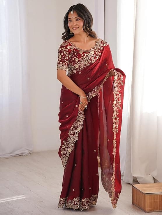Women's Shimmer Satin Sequence Embroidery Saree With Unstitched Blouse Piece