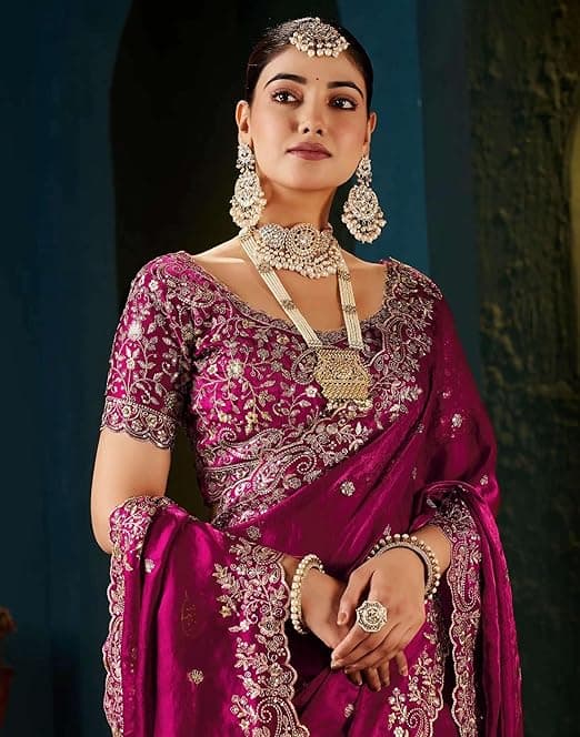 Women's Silk Saree with Embroidered Blouse Piece ( Rani Pink Color)