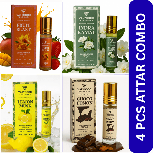 VaryGood Perfumes 4 Pcs Attar Roll-On Combo (4x8ml) – Indra Kamal, Choco Fusion, Fruit Blast, Lemon Musk | Alcohol-Free Long Lasting Perfume for Men & Women