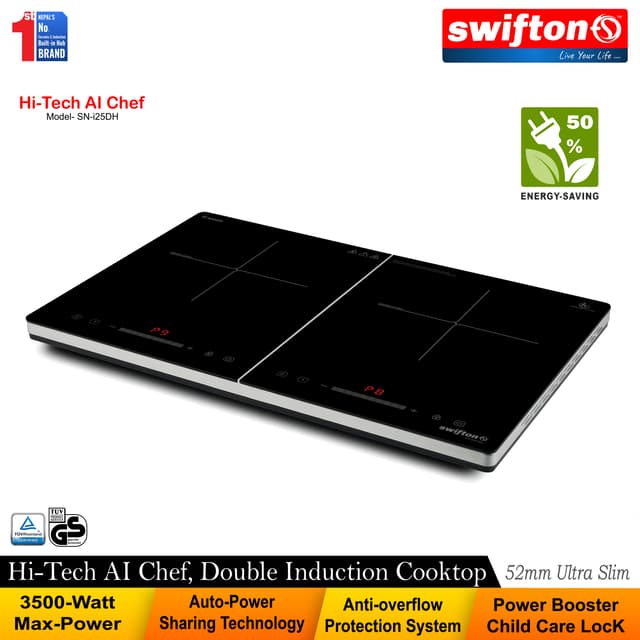 Swifton Double 2 Induction Cooktop Anti Overflow Protection 9 Cooking Power level Power Booster Child Lock Timer SN-i25DH