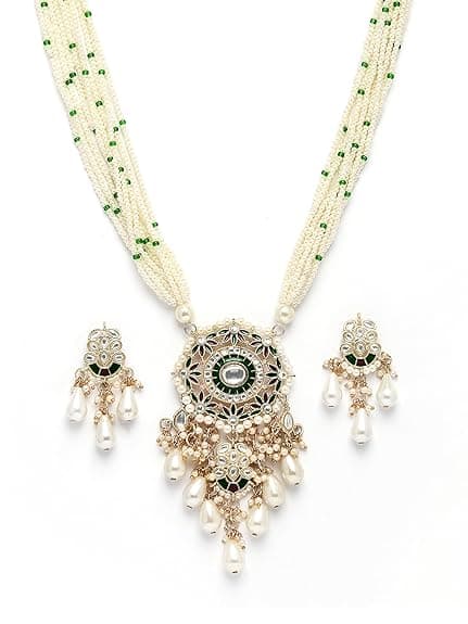 Karatcart Red & Green Beaded Long Kundan Rani Haar Necklace Set for Women