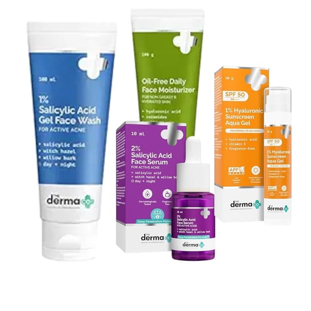 The Derma Co Salicylic Acid Facewash, moisturizer, Face Serum and Sunscreen Sets, Oily skin, Pimples, & Open Pores