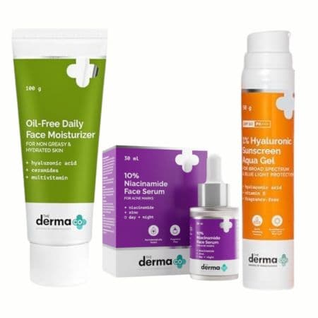 The derma Co Oil Free Face Moisturiser, Nacinamide Face serum and Hyluronic sunscreen Sets for Accne, dark spots and oil control