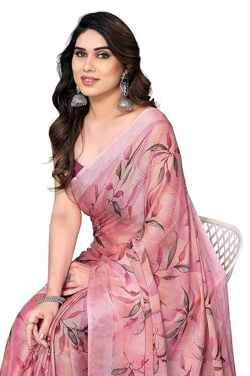 Womens Chiffon Floral Printed Saree with Blouse Piece