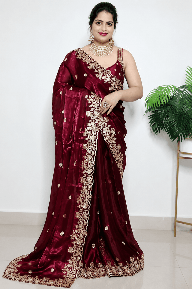 Premium Wine Color Embroidered Party Wear Saree