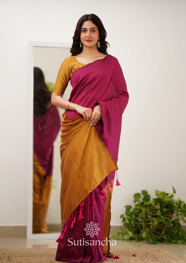 Solid/Plain Kanjivaram Cotton Blend Saree (Pink)