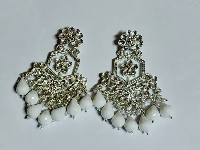 VaryGood White Beads Silver Color Floral Pattern Jhumka Earrings For Women