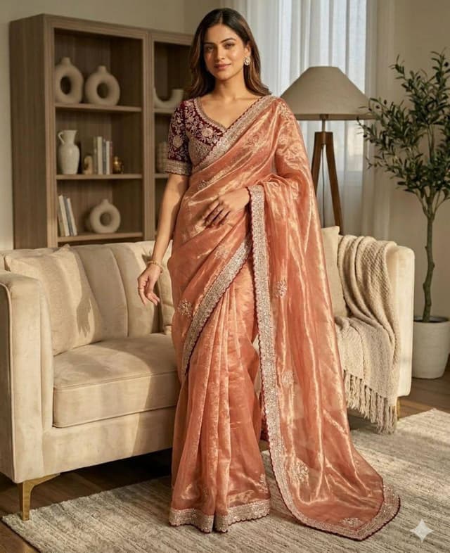 Shivshakti Collection Peach satin embroidered saree