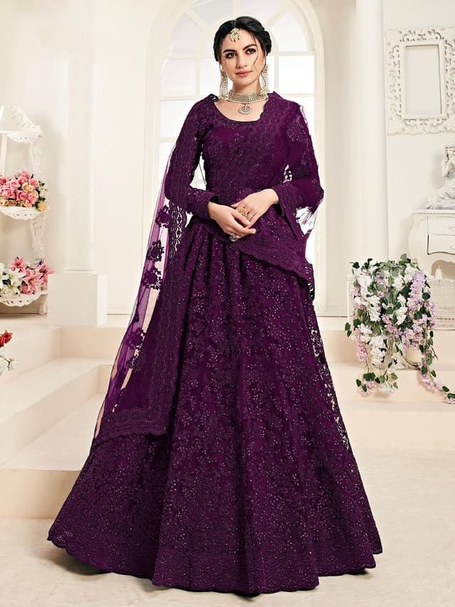 Embroidered Self Design Net Semi Stitched Lehenga Choli For Women - Wine Color | Fashion Net Lehenga For Women