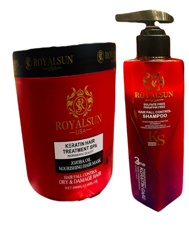 Royalsun USA Keratin Smooth | Hair Fall Control Shampoo 550 ML | Hair Treatment SPA 500 ML (Set)