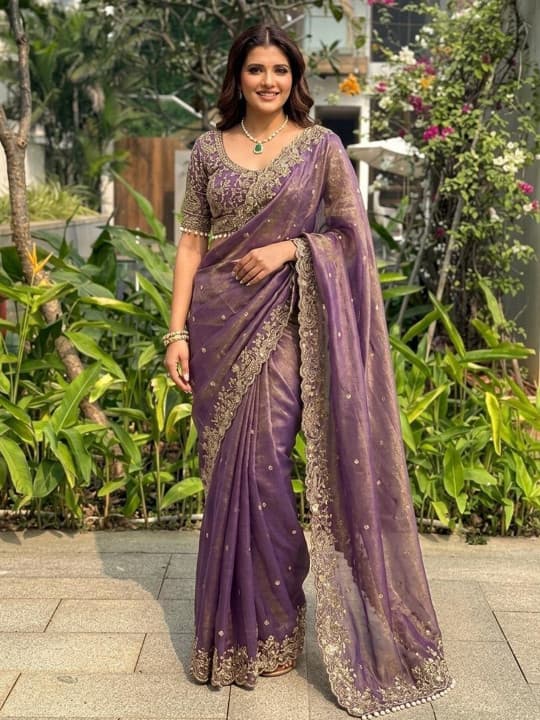 Embellished Embroidered Sequinned Sarees With Unstitched Blouse Piece