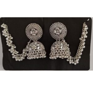 Round-Silver-Dome-earring-Jhumka-with-Hair-long-Chain